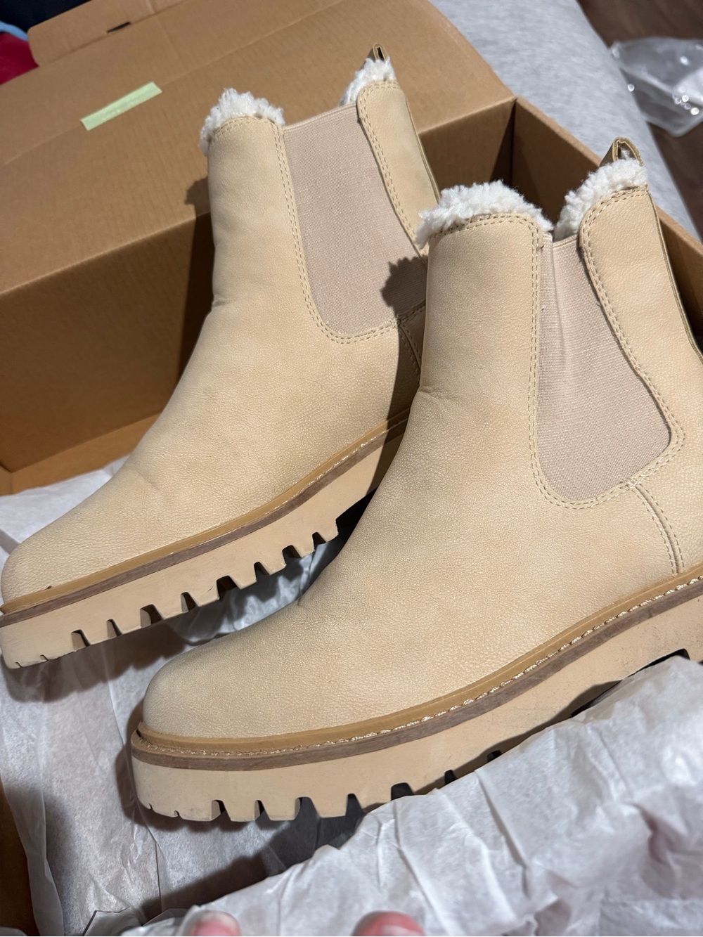 J. Crew Cream Chelsea Lug Ankle Boots with Faux Shearling Trim